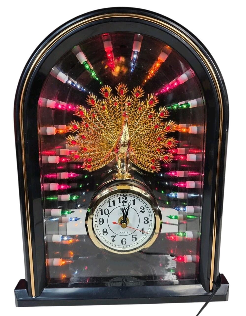 Vintage 80’s MCM Peacock Lighted Tunnel Infinity Mirror Desk Table Gold Clock